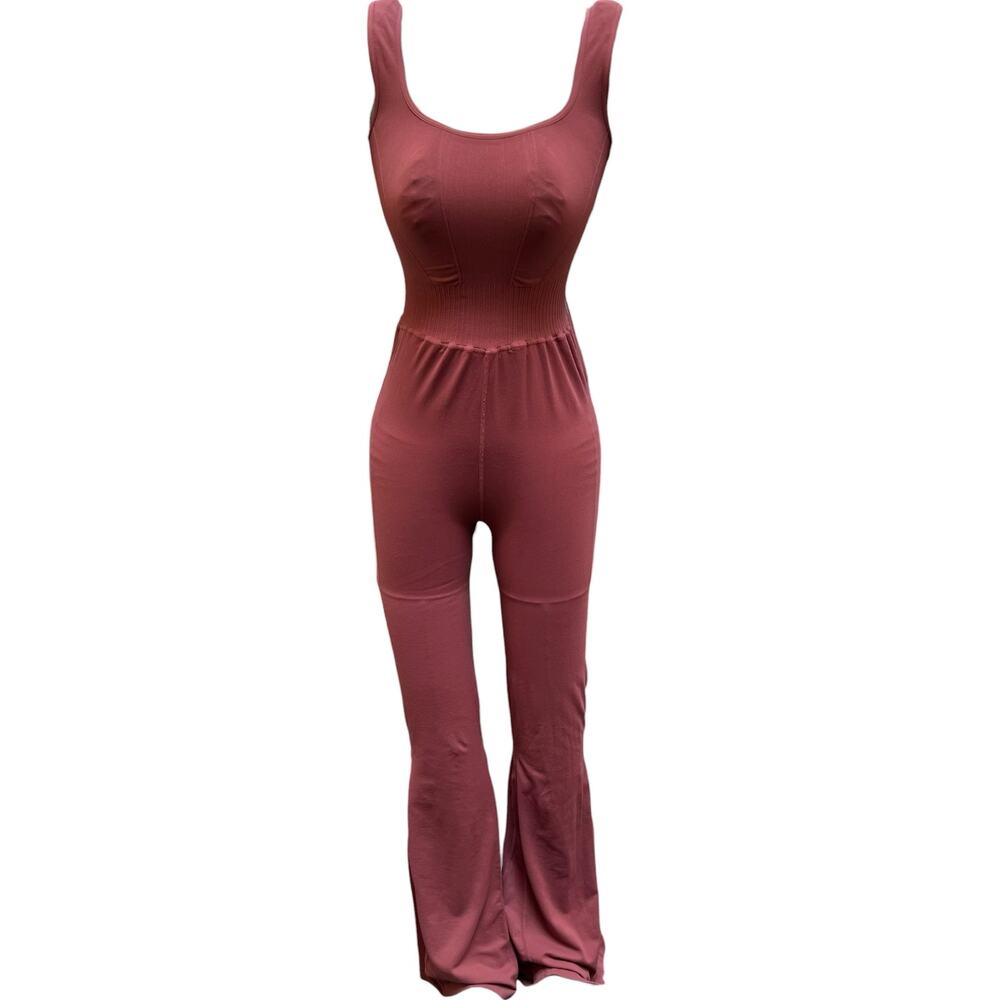 Free People Movement Good Karma Rust Red Flare Leg Jumpsuit Romper Size Small